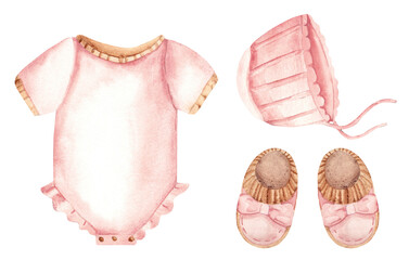 Baby Girl Clothes Set. Bodysuit, Cap or Bonnet and Booties in pink color. Watercolor hand drawn illustration. Kids cute design elements for newborn greeting or birthday cards, gender reveal party