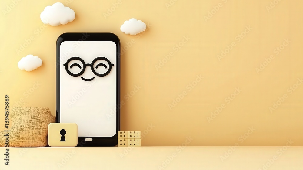 Poster security researchers risk assessment monitoring concept. cheerful smartphone illustration with cloud
