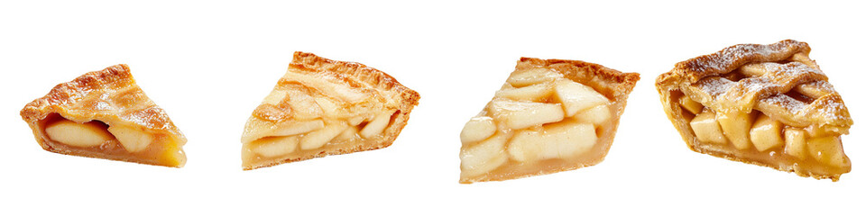 Different slices of apple pie arranged in a minimalist isolated mockup showcasing various stages of cut desserts