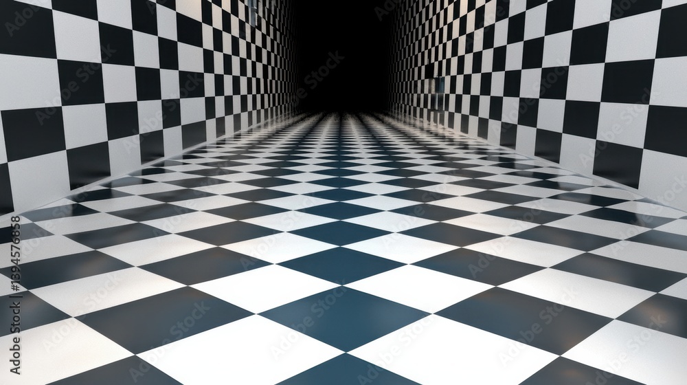 Poster chessboard-inspired checkered pattern, angled dynamically to create a dramatic sense of movement and