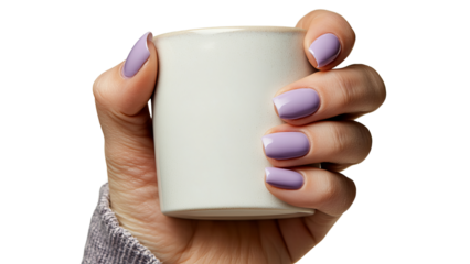 Png of A woman with manicured purple nails gently holds a ceramic cup, exuding a cozy and inviting atmosphere.