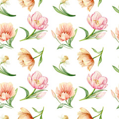Spring flowers, Tulips and Daffodils. Seamless pattern. Hand drawn watercolor illustration in pastel colors for packaging, textiles and botanical designs.