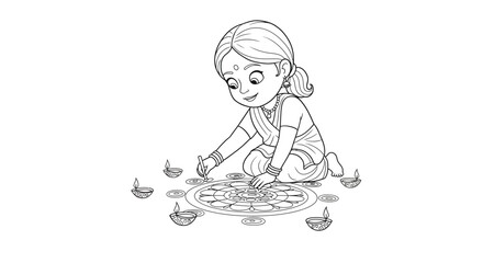 Obraz premium Young Indian Girl Creating a Simple Floral Rangoli Design on Floor with Diyas Easy Coloring Page Concept