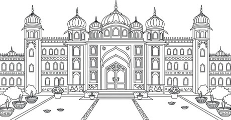 Fototapeta premium Majestic Indian Palace Aglow with Diwali Festival Lights Simple Line Art Design Ideal for Easy Coloring