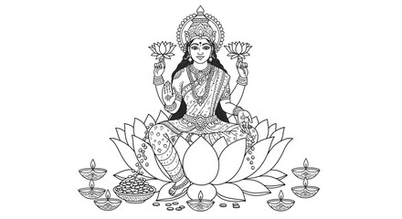 Auspicious Idol of Lakshmi Devi on Lotus Seat Bestowing Wealth Blessings with Diya Lamps Adorning Base