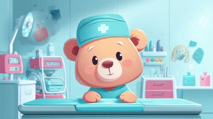 A charming cartoon teddy bear doctor stands ready to help patients in a medical environment.