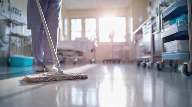 A hospital worker mops a shiny floor, ensuring cleanliness and a sanitary environment for all patients.