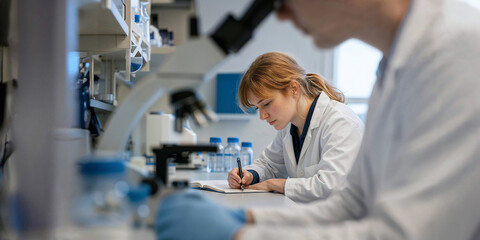 Young woman filling the journal of laboratory test results. Medical facilities. The man with microscope is in the foreground.