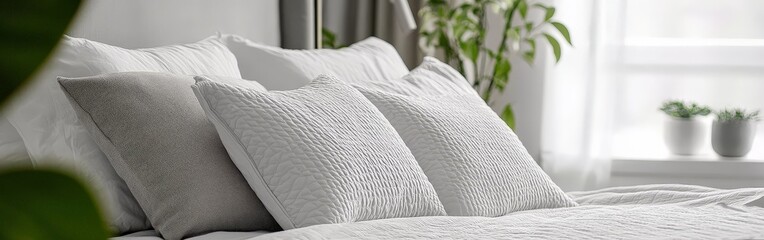 Soft gray pillow on white bed in cozy bedroom with sunlight