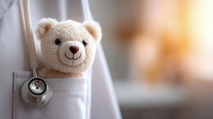 A friendly teddy bear peeks out of a doctor's pocket, symbolizing comfort and care.