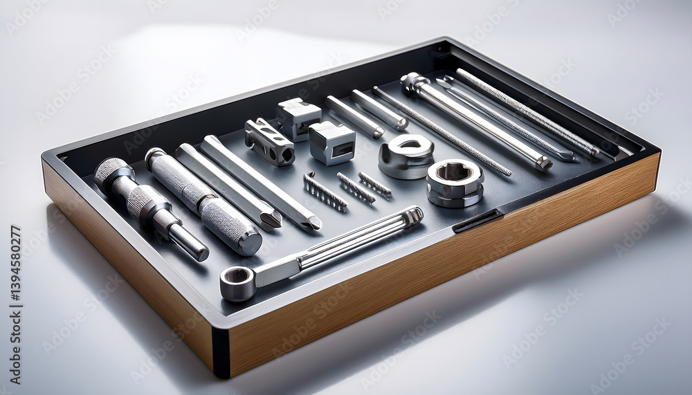 Poster A neatly organized assortment of metallic tools displayed on a tray, showcasing various wrenches, sockets, and attachments for mechanical work