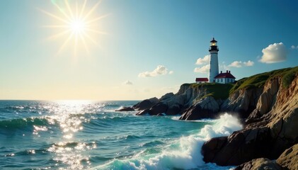 Obraz premium Solitary lighthouse on rocky coast, sunlit waves, rock, lighthouse