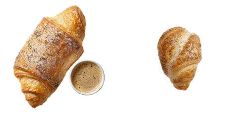Delicious croissants and coffee arranged in isolated minimalist mockups showcasing culinary elegance