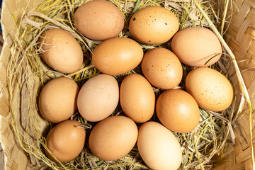 Chicken eggs in bamboo basket with straw nest
