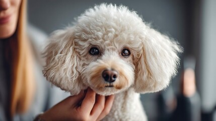 A charming poodle with soft, white fur is lovingly held by a caring hand.