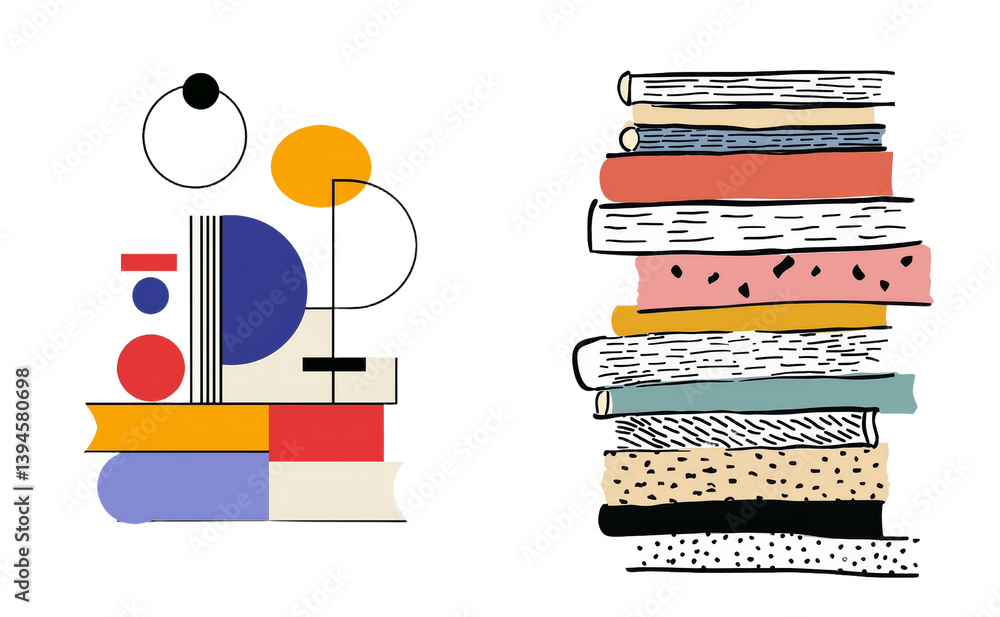 Aufkleber isolated minimalist mockups featuring colorful geometric shapes and stacked books for modern design 