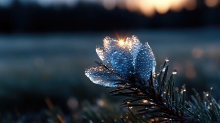 Frozen flower at dawn.  Dew-kissed petals, illuminated by the sunrise, create a captivating, ethereal scene