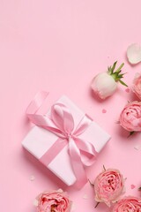 Beautiful pink peony roses with gift box on a colored background