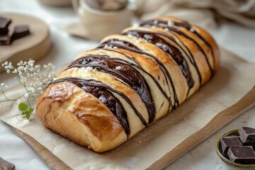 Delicious chocolate bread loaf with dark stripes and decorations is presented