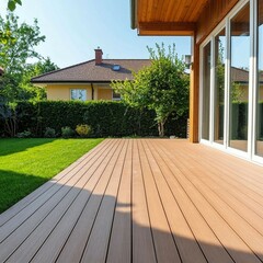 Renovation of the terrace with the use of WPC wood covering and supporting structure. Beautification of the house territory, improvement of the appearance of the garden. Balcony flooring