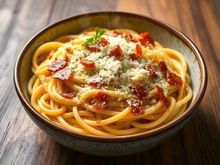 steaming bowl of authentic Italian pasta carbonara, garnished with crispy pancetta and freshly grated Parmesan cheese, a classic comfort food favorite