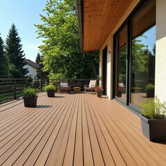 Renovation of the terrace with the use of WPC wood covering and supporting structure. Beautification of the house territory, improvement of the appearance of the garden. Balcony flooring