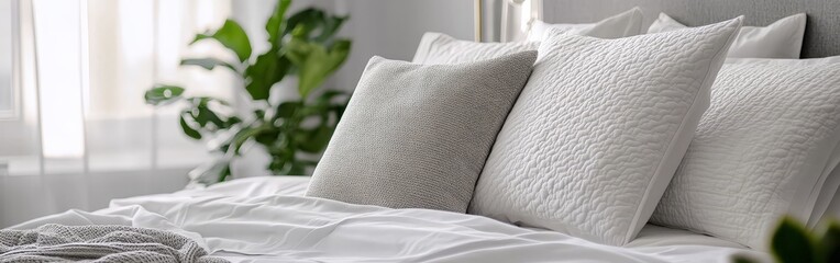 Soft gray pillow on white bed in cozy bedroom with sunlight