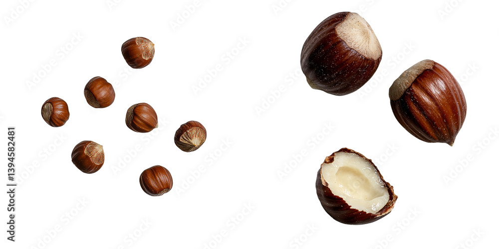 Poster Isolated minimalist mockups of whole and split hazelnuts on a white background for modern design projects