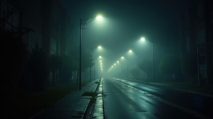 Liminal space with long corridor of streetlights in foggy night  