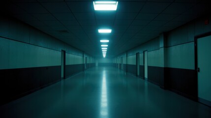 Fototapeta premium Long corridor illuminated by fluorescent lights creating an eerie atmosphere 
