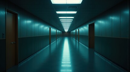 Long corridor with fluorescent lights evoking anxiety and loneliness  