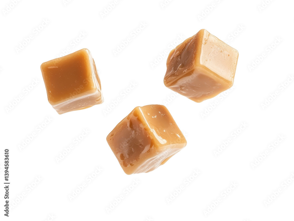 Poster Three caramel cubes isolated on a white background showcasing their smooth texture and glossy surface