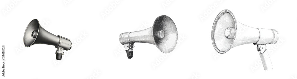 Poster Different designs of minimalist megaphones set against a white background showcasing artistic simplicity and functionality in communication devices