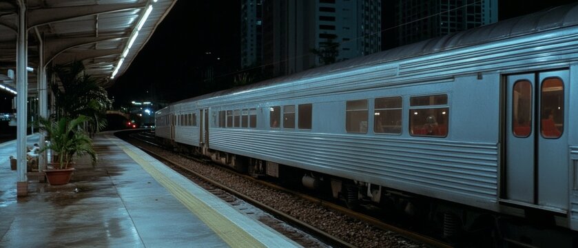 An empty train station platform at night, with a lone train carriage illuminated under soft lights against an urban backdrop.