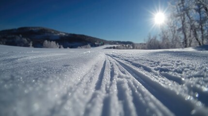 Pristine winter wonderland.  Fresh tracks across a vast expanse of snow, bathed in sunlight