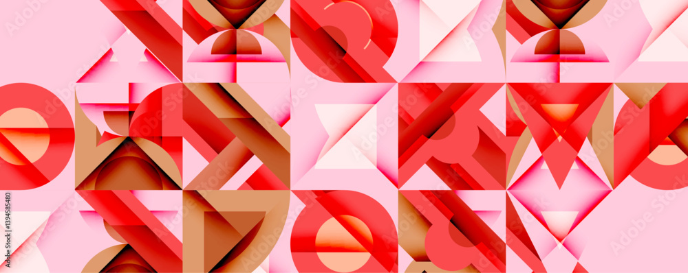Aufkleber Abstract geometric pattern. Red, brown shapes overlap pale pink background. Triangles, circles create dynamic composition. Modern design element.