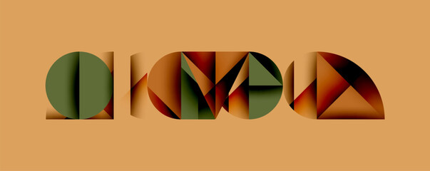 Abstract geometric shapes form word OKNA. Brown, green hues dominate composition. Minimalist design, flat layers create depth. Warm color palette, modern aesthetic. © antishock