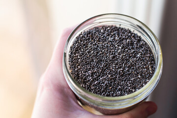 Chia seeds in a kitchen, superfood, full of antioxidant and omega 3, good for transit, sleep, bones, heart