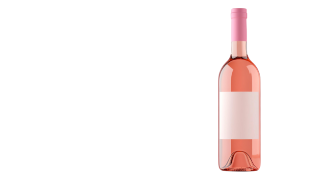 Isolated transparent png. Elegant rose wine bottle with blank label.