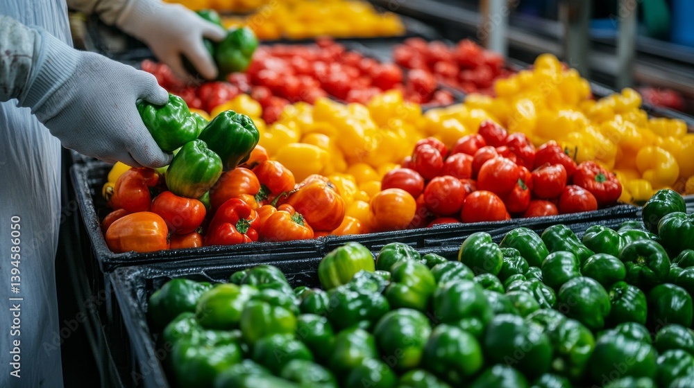 Poster workers carefully handle vibrant peppers and tomatoes in a frozen food processing facility, ensuring