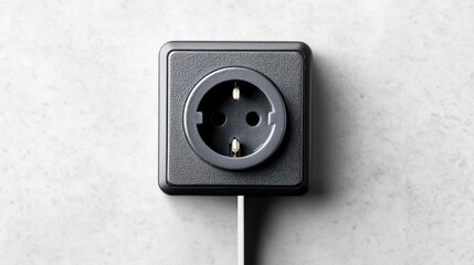 A detailed, close-up of a black electrical outlet mounted on a textured, white wall