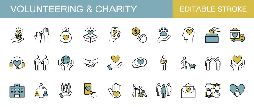 ボランティアとチャリティに関するアイコンセット　編集可能　カラー