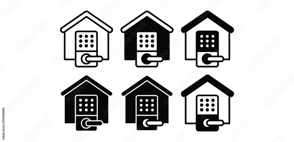 Poster smart lock house icons black and white minimalist digital keypad home security system vector graphic
