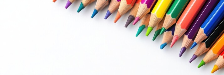 Fototapeta premium Little girl drawing with colored pencils, concentrating, isolated on white