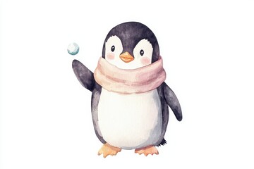 Obraz premium Penguin playing with snowball arctic scene watercolor art cute animal illustration cheerful concept