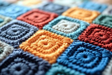 Fototapeta premium A vibrant close-up of a textured quilt featuring colorful, patterned squares made from crochet.
