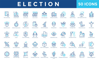 Election icons set with polls and survey, voting pattern, youth voters, senior voters, voter education, voting accessibility, overseas voting, military voting icon. Simple outline color vector 
