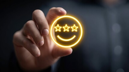 A person's hand holds a glowing smiley face with three stars, representing positive feedback.