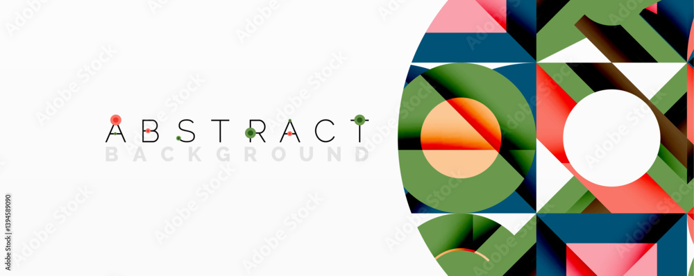 Poster Geometric shapes overlap, creating vibrant abstract composition. Circles, triangles, squares blend colorsgreen, orange, pink, blue, red. Modern design element.