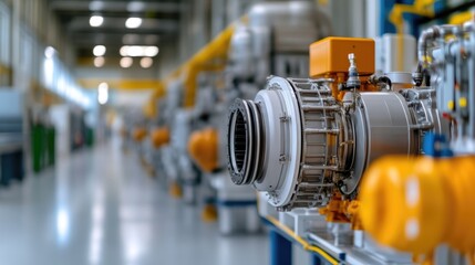 Fototapeta premium Industrial machinery in operation with intricate mechanical components, set in a modern factory with bright lighting and clean environment, and showcasing precision engineering.